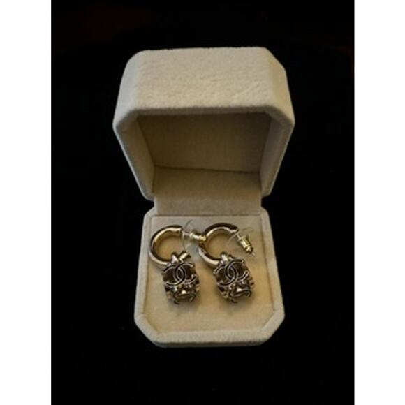 Modern Chanel light gold-tone hoop black enamel cube CC COCO earring*PIERCED - Picture 3 of 4